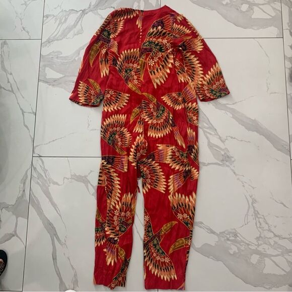 FARM Rio Jumpsuit Women Small Red Wonderful Deep V-Neck toucans Crop Ajustable - Picture 2 of 12